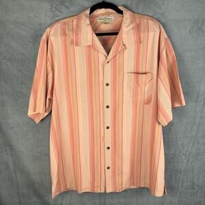 Tommy Bahama Shirt Mens Large Pink Striped 100% Silk Button Down Short Sleeve